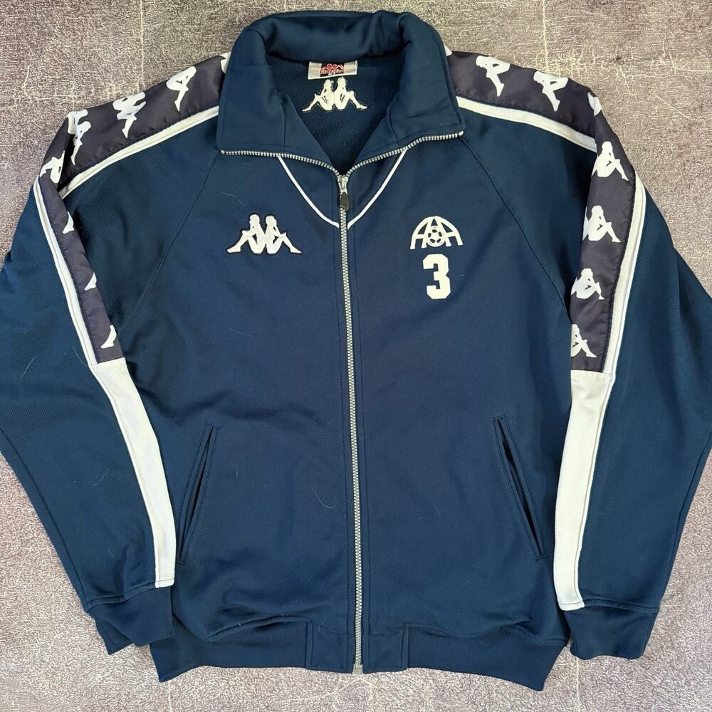 Men's Vintage 90's Kappa Navy Blue White Tape Logo Warm Up Track Jacket Sz XL